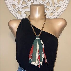 Boutique womens long necklace tan bead fabric tassel cream red green floral lace